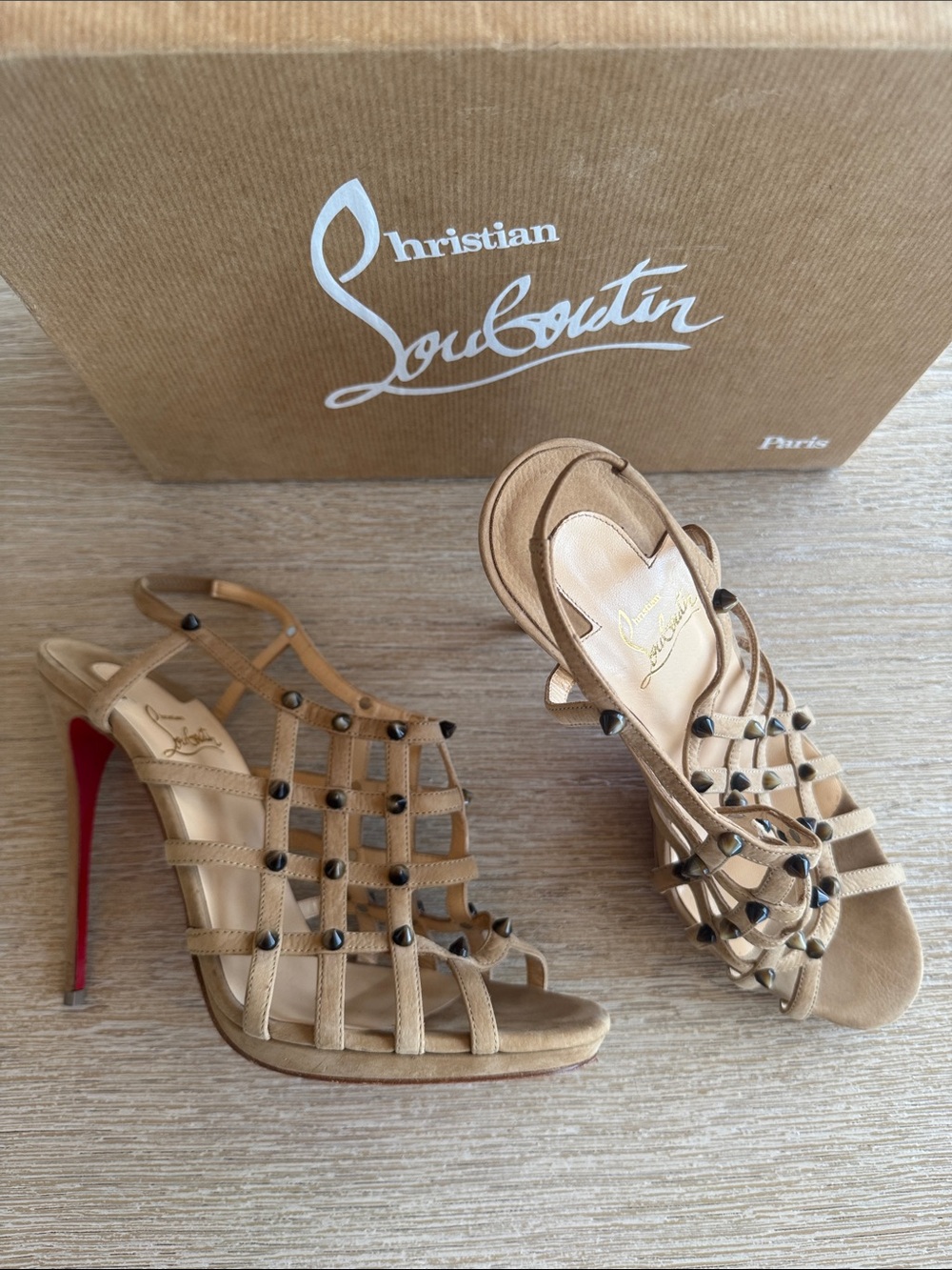 Christian Louboutin Tan Cage Studded High Heel Sandals with Red Soles